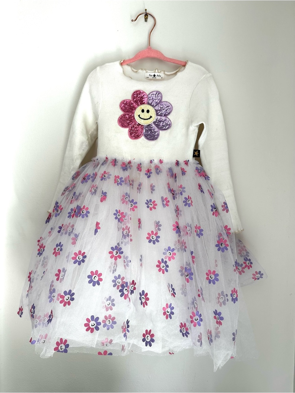 Petite Hailey White Floral Smiley Tulle Dress in Pink & Purple